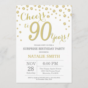 Surprise 90th Birthday Gold Glitter Diamond Invitation
