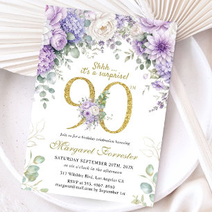 Surprise 90th Birthday Gold Glitter Purple Floral Invitation