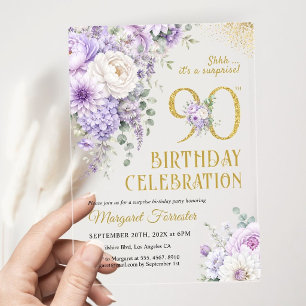 Surprise 90th Birthday Gold Purple Floral Elegant Acrylic Invitations