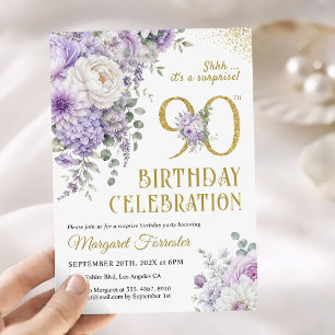 Surprise 90th Birthday Gold Purple Floral Elegant Invitation