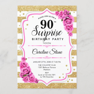 Surprise 90th Birthday - Gold White Pink Invitation