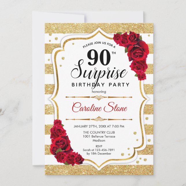 Surprise 90th Birthday - Gold White Red Invitation (Front)