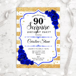 Surprise 90th Birthday - Gold White Royal Blue Invitation<br><div class="desc">Surprise 90th Birthday Invitation.
Feminine white,  royal blue design with faux glitter gold. Features stripes,  sapphire blue roses,  script font and confetti. Perfect for an elegant birthday party. Can be personalized to show any age. Message me if you need further customization.</div>