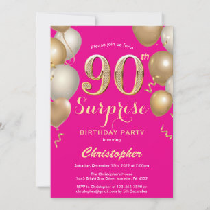 Surprise 90th Birthday Hot Pink and Gold Balloons Invitation