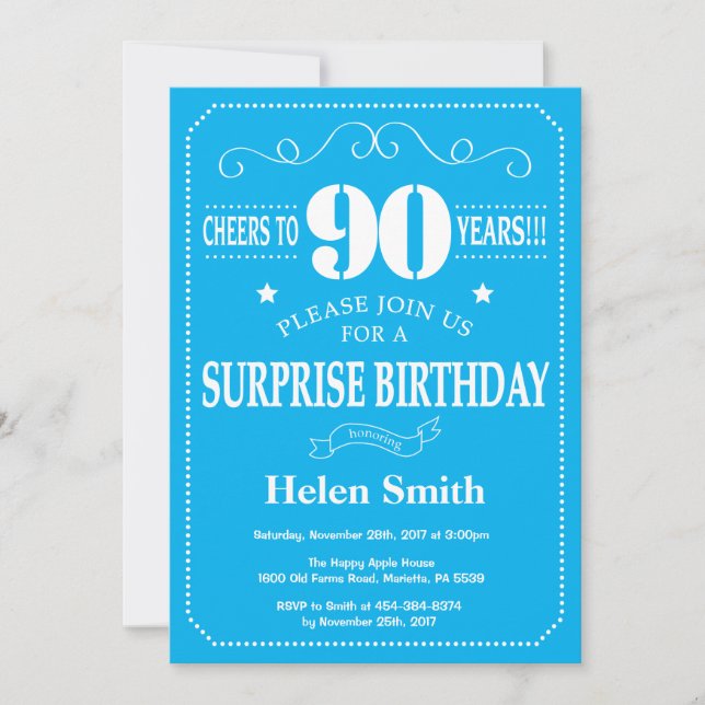 Surprise 90th Birthday Invitation Blue and White (Front)