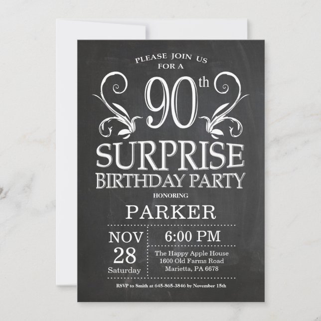 Surprise 90th Birthday Invitation Chalkboard (Front)