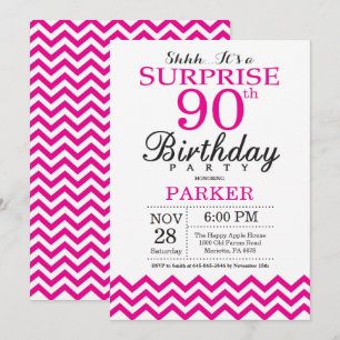 Surprise 90th Birthday Invitation Hot Pink Chevron