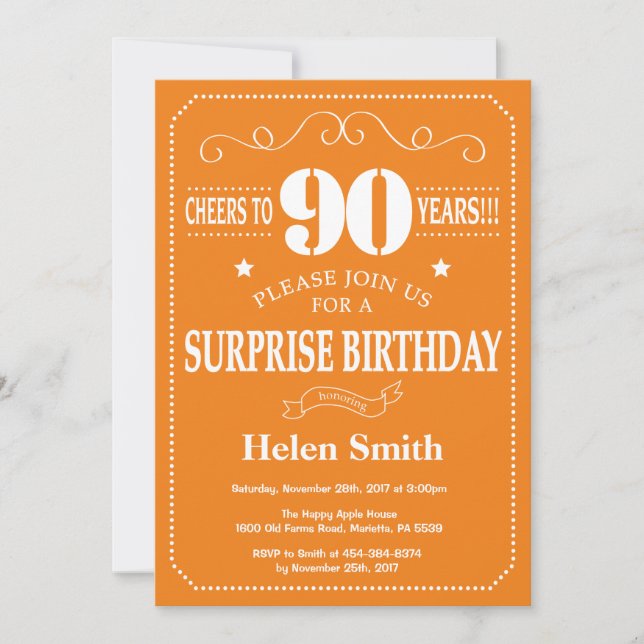 Surprise 90th Birthday Invitation Orange and White (Front)