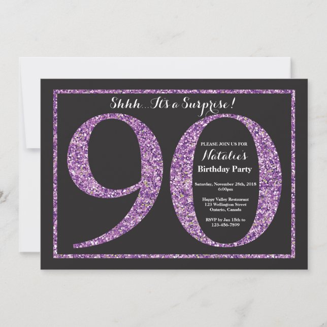 Surprise 90th Birthday Invitation Purple Glitter (Front)