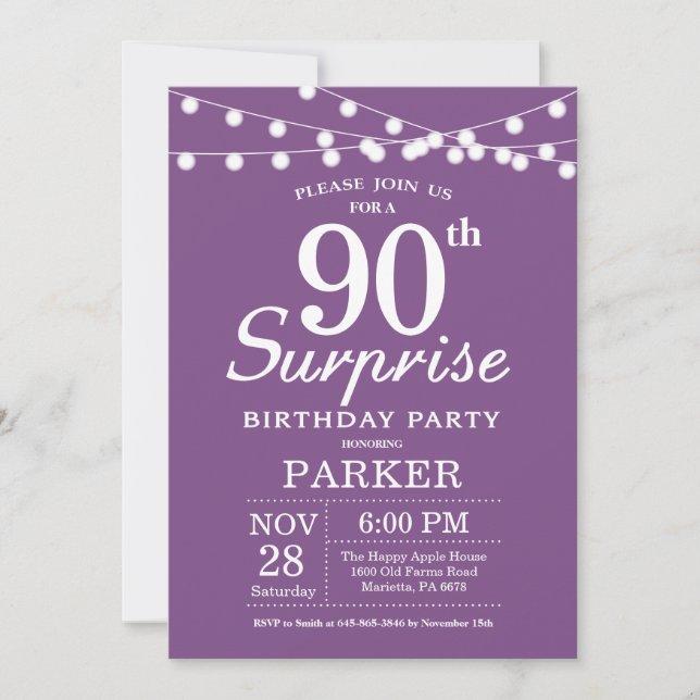 Surprise 90th Birthday Invitation Purple Lavender (Front)