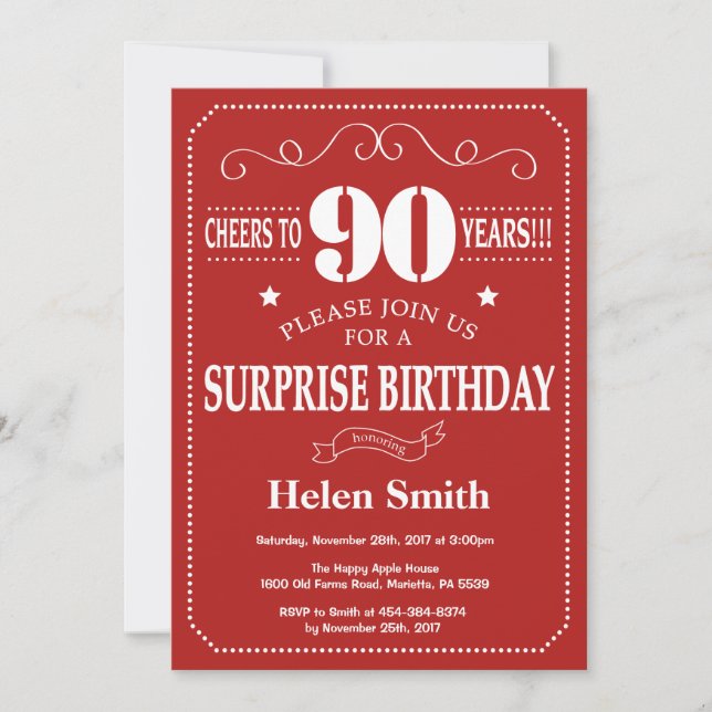 Surprise 90th Birthday Invitation Red and White (Front)
