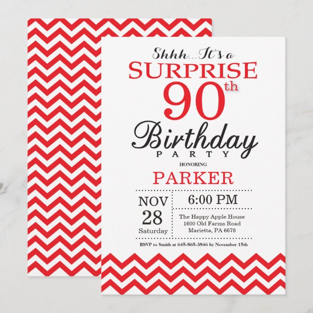 Surprise 90th Birthday Invitation Red Chevron (Front/Back)