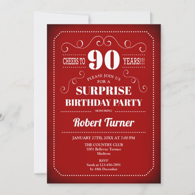Surprise 90th Birthday Invitation - Red White (Front)