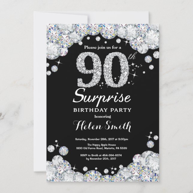 Surprise 90th Birthday Invitation Silver Diamond (Front)