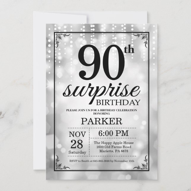 Surprise 90th Birthday Invitation Silver Glitter (Front)