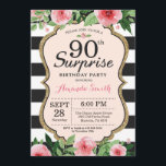 Surprise 90th Birthday Invitation Women Floral<br><div class="desc">Surprise 90th Birthday Invitation for women. Black and Gold Birthday Party Invite. Gold Glitter. Pink Watercolor Floral Flower. Black and White Stripes. Printable Digital. For further customisation,  please click the "Customise it" button and use our design tool to modify this template.</div>
