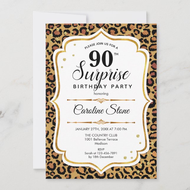 Surprise 90th Birthday - Leopard Gold White Invitation (Front)