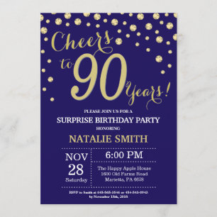 Surprise 90th Birthday Navy Blue and Gold Diamond Invitation