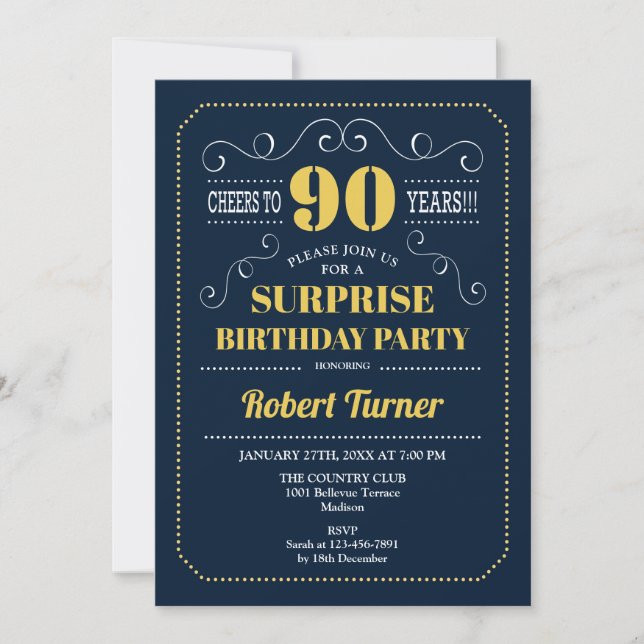 Surprise 90th Birthday - Navy Gold Invitation (Front)