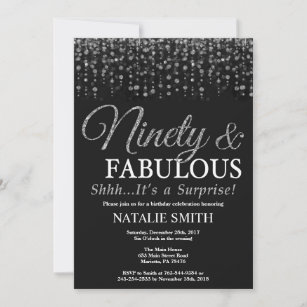Surprise 90th Birthday Ninety and Fabulous Silver Invitation