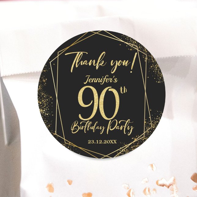 Surprise 90th Birthday Party Black & Gold Glitter Classic Round Sticker (Creator Uploaded)