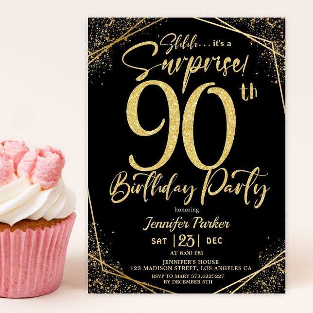 Surprise 90th Birthday Party Black & Gold Glitter Invitation (Creator Uploaded)