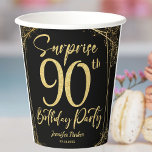 Surprise 90th Birthday Party Black & Gold Glitter Paper Cups<br><div class="desc">Elevate your birthday and raise our "Surprise 90th Birthday Party Black & Gold Glitter Paper Cups!" in celebration of the precious day that's fluttering your way. Create cherished memories with every sip, and let the magic fill the air. Order now to add a touch of elegance to your event and...</div>