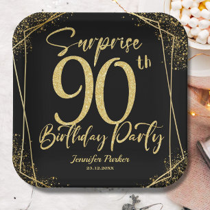 Surprise 90th Birthday Party Black & Gold Glitter Paper Plate