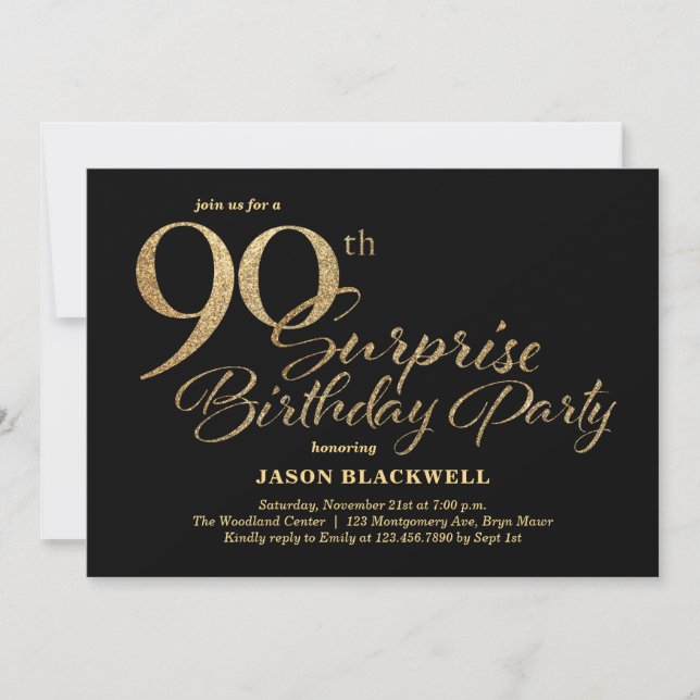 Surprise 90th Birthday Party Black & Gold Invitation (Front)