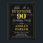 Surprise 90th Birthday Party - Black Gold Invitation<br><div class="desc">Surprise 90th Birthday Party Invitation.
Simple classy design in black,  gold and white. Features stylish script font. Surprise bday celebration for man or woman. Can be customised into any age!</div>