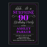 Surprise 90th Birthday Party - Black Purple Invitation<br><div class="desc">Surprise 90th Birthday Party Invitation.
Simple classy design in black,  purple and white. Features stylish script font. Surprise bday celebration for man or woman. Can be customized into any age!</div>