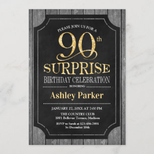 Surprise 90th Birthday Party - Chalkboard Gold Invitation