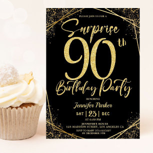 Surprise 90th Birthday Party Chic Black & Gold  Invitation