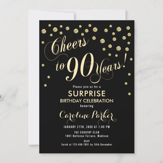 Surprise 90th Birthday Party - Gold Black Invitation (Front)