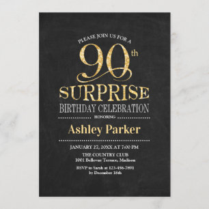 Surprise 90th Birthday Party - Gold Black Invitation