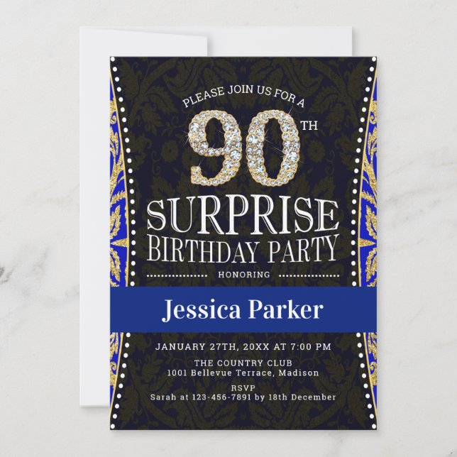 Surprise 90th Birthday Party - Gold Navy Blue Invitation (Front)