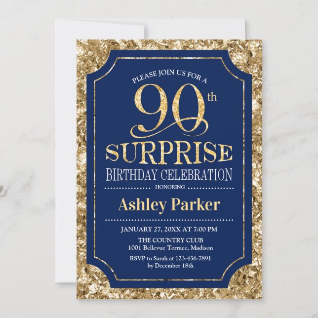 Surprise 90th Birthday Party - Gold Navy Invitation (Front)