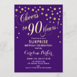 Surprise 90th Birthday Party - Gold Purple Invitation<br><div class="desc">Surprise 90th Birthday Party Invitation
Elegant design with faux glitter gold and purple. Features script font and confetti. Cheers to 90 Years! Message me if you need a custom age.</div>