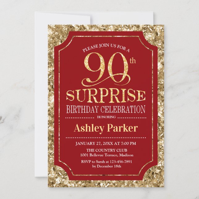 Surprise 90th Birthday Party - Gold Red Invitation (Front)