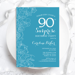 Surprise 90th Birthday Party - Light Blue Floral Invitation