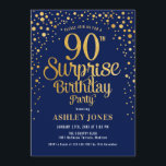 Surprise 90th Birthday Party - Navy & Gold Invitation<br><div class="desc">Surprise 90th Birthday Party Invitation.
Elegant design in navy blue and faux glitter gold. Features stylish script font and confetti. Message me if you need custom age.</div>