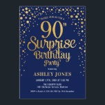 Surprise 90th Birthday Party - Navy & Gold Invitation<br><div class="desc">Surprise 90th Birthday Party Invitation.
Elegant design in navy blue and faux glitter gold. Features stylish script font and confetti. Message me if you need custom age.</div>