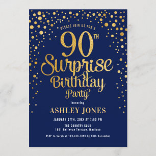 Surprise 90th Birthday Party - Navy & Gold Invitation