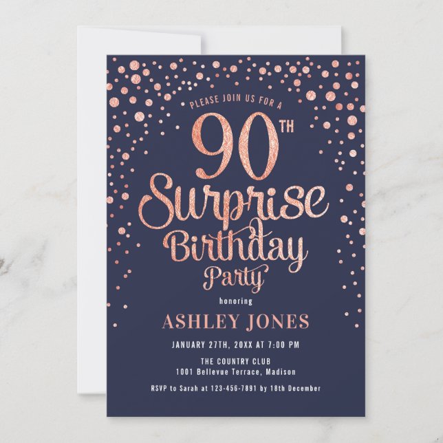 Surprise 90th Birthday Party - Navy & Rose Gold Invitation (Front)