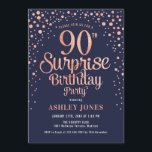 Surprise 90th Birthday Party - Navy & Rose Gold Invitation<br><div class="desc">Surprise 90th Birthday Party Invitation.
Elegant design in navy and faux glitter rose gold. Features stylish script font and confetti. Message me if you need custom age.</div>