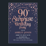 Surprise 90th Birthday Party - Navy & Rose Gold Invitation<br><div class="desc">Surprise 90th Birthday Party Invitation.
Elegant design in navy and faux glitter rose gold. Features stylish script font and confetti. Message me if you need custom age.</div>