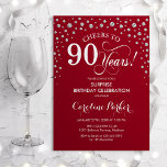 Surprise 90th Birthday Party - Red Silver Invitation<br><div class="desc">Surprise 90th Birthday Party Invitation.
Elegant design in red and faux glitter silver. Features script font and diamonds confetti. Cheers to 90 Years! Message me if you need further customization.</div>