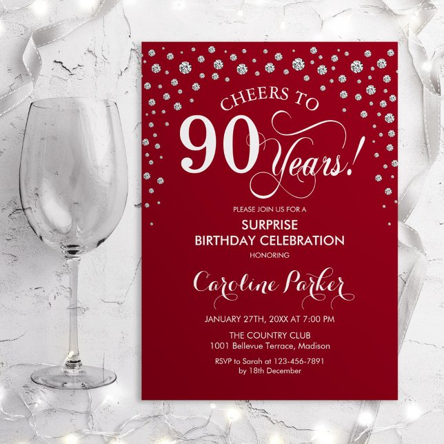 Surprise 90th Birthday Party - Red Silver Invitation (Creator Uploaded)