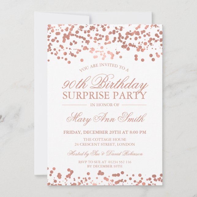 Surprise 90th Birthday Party Rose Gold Foil Invitation (Front)