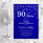 Surprise 90th Birthday Party - Royal Blue Silver Invitation<br><div class="desc">Surprise 90th Birthday Party Invitation.
Elegant design in royal blue and faux glitter silver. Features script font and diamonds confetti. Cheers to 90 Years! Message me if you need further customization.</div>